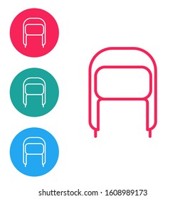 Red line Winter hat with ear flaps icon isolated on white background. Set icons in circle buttons. Vector Illustration