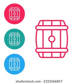 Red line Wooden barrel icon isolated on white background. Alcohol barrel, drink container, wooden keg for beer, whiskey, wine. Set icons in circle buttons. Vector