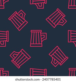 Red line Wooden beer mug icon isolated seamless pattern on black background.  Vector