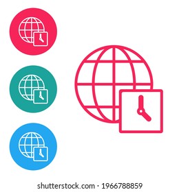 Red line World time icon isolated on white background. Clock and globe. Set icons in circle buttons. Vector