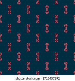 Red line Wrench spanner icon isolated seamless pattern on black background.  Vector Illustration