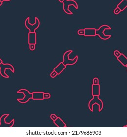 Red line Wrench spanner icon isolated seamless pattern on black background. Spanner repair tool. Service tool symbol.  Vector