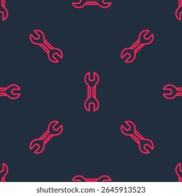 Red line Wrench spanner icon isolated seamless pattern on black background. Spanner repair tool. Service tool symbol.  Vector