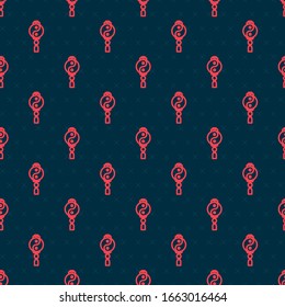 Red line Yin Yang symbol of harmony and balance icon isolated seamless pattern on black background.  Vector Illustration