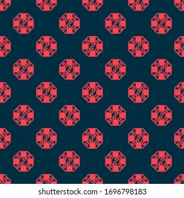 Red line Yin Yang symbol of harmony and balance icon isolated seamless pattern on black background.  Vector Illustration