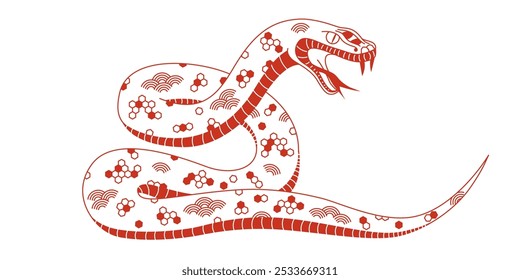 Serpiente china lineal roja con adorno. Símbolo del año Nuevo lunar 2025 aislado sobre fondo blanco. Reptil decorativo de Vector para diseño festivo, cartel, Anuncio, pegatina. Trazo editable