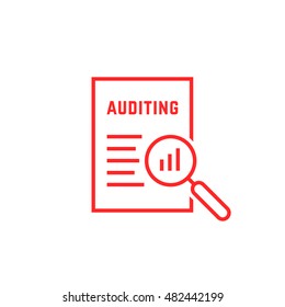 red linear document like auditing. concept of auditor, fax, seo, scrutiny, annual verification, evaluation, info, growth, forecast. flat style logotype design vector illustration on white background