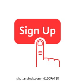 red linear finger presses on sign up button. flat linear style trend modern logo graphic design on white background. concept of click here like ui symbol and new registration on web site svg