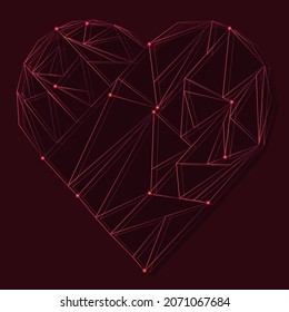 Corazón lineal rojo sobre un fondo rojo oscuro. Diseños bajos de poli, lineales y triangulares. Diseño de conexión de malla eléctrica. Concepto vectorial de alambre.