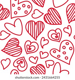 Red linear hearts on a white background. Seamless background for fabrics, textiles, packaging and wallpaper. Vector illustration