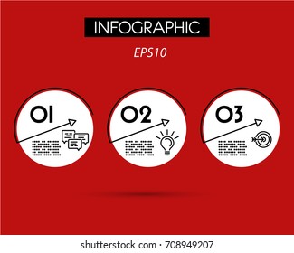 red linear infographic arcs with numbers,  three steps