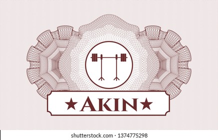 Red linear rosette with barbell on rack icon and Akin text inside