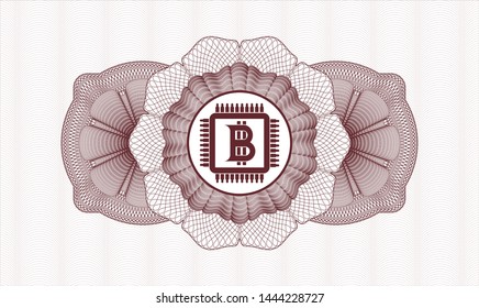 Red linear rosette with bitcoin chip (cryptocurrency mining concept) icon inside