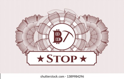 Red linear rosette with bitcoin mining icon and Stop text inside