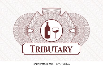 Red linear rosette with bottle and glass of wine icon and Tributary text inside