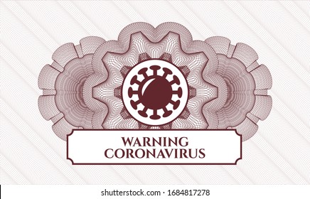 Rotes lineares Rosett mit Coronavirus-Symbol und Warning Coronavirus-Text innerhalb