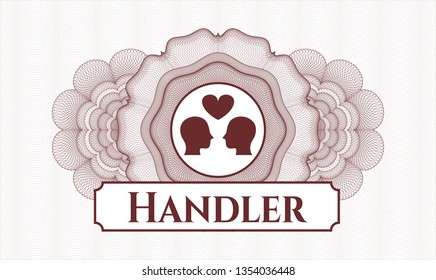 Red linear rosette with couple in love icon and Handler text inside