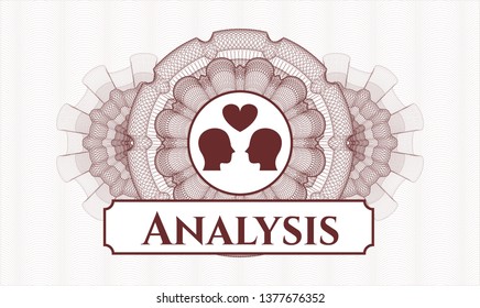 Red linear rosette with couple in love icon and Analysis text inside