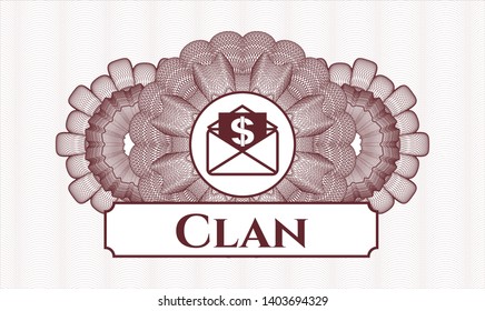 Red linear rosette with envelope with paper with money symbol inside icon and Clan text inside
