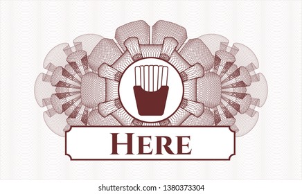 Red linear rosette with fries icon and Here text inside
