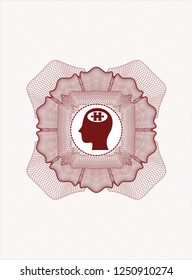Red linear rosette with head with jigsaw puzzle piece icon inside