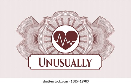 Red linear rosette with heart with electrocardiogram icon and Unusually text inside