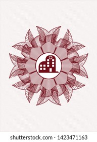 Red linear rosette with hospital icon inside