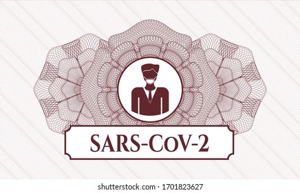 Rotes lineares Rosett mit menschlichem Gesichtsmasken-Symbol und SARS-CoV-2-Text innen