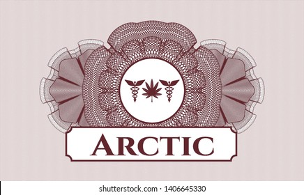 Red linear rosette with medicinal weed icon and Arctic text inside