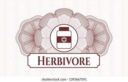 Red linear rosette with medicine bottle icon and Herbivore text inside