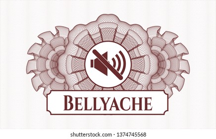 Red linear rosette with mute icon and Bellyache text inside