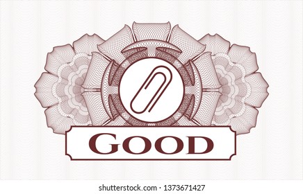 Red linear rosette with paper clip icon and Good text inside