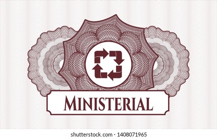 Red linear rosette with recycle icon and Ministerial text inside
