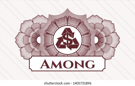 Red linear rosette with recycling business icon and Among text inside