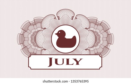 Red linear rosette with rubber duck icon and July text inside