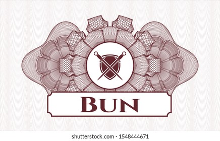 Red linear rosette with swords crossed with shield icon and Bun text inside