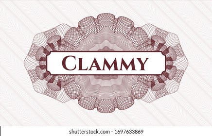 Red linear rosette with text Clammy inside