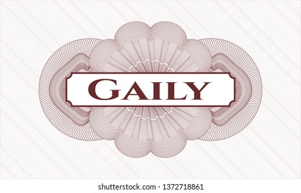 Red linear rosette with text Gaily inside