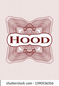 Red linear rosette with text Hood inside