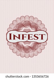 Red linear rosette with text Infest inside