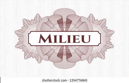 Red linear rosette with text Milieu inside