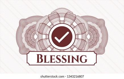 Red linear rosette with tick icon and Blessing text inside