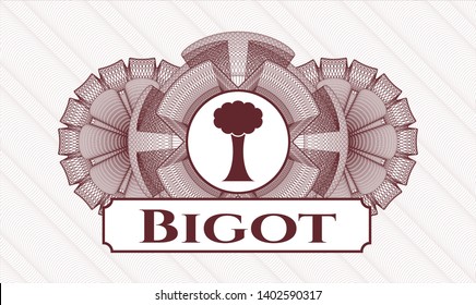 Red linear rosette with tree icon and Bigot text inside