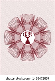 Red linear rosette with trophy with money symbol inside icon inside