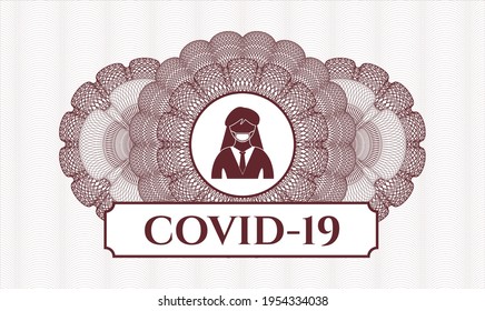 Red linear rosette. Vector Illustration. Detailed with woman wearing face mask icon and COVID-19 text inside