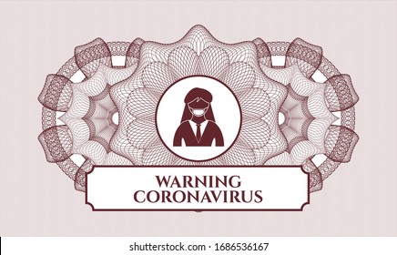 Red linear rosette with woman wearing face mask icon and Warning Coronavirus text inside