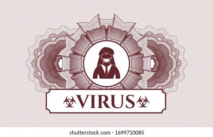 Red linear rosette with woman wearing face mask icon and Virus text inside