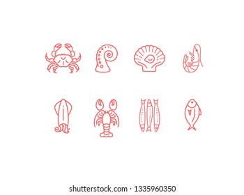 Red linear seafood icon set, simple vector symbols collection, flat design ocean animals