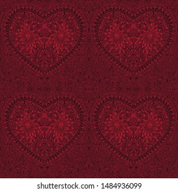 Red linear seamless pattern with heart shape