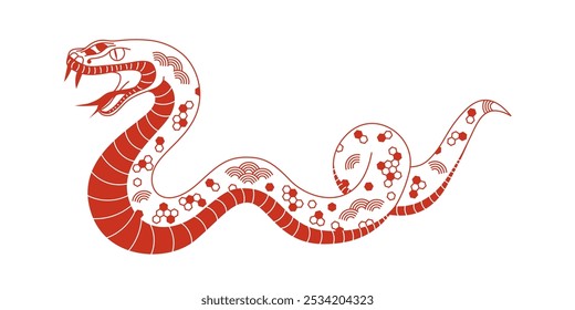 Red linear snake with ornament. Symbol of 2025 Lunar New Year isolated on white background. Editable stroke vector decorative element for festive design